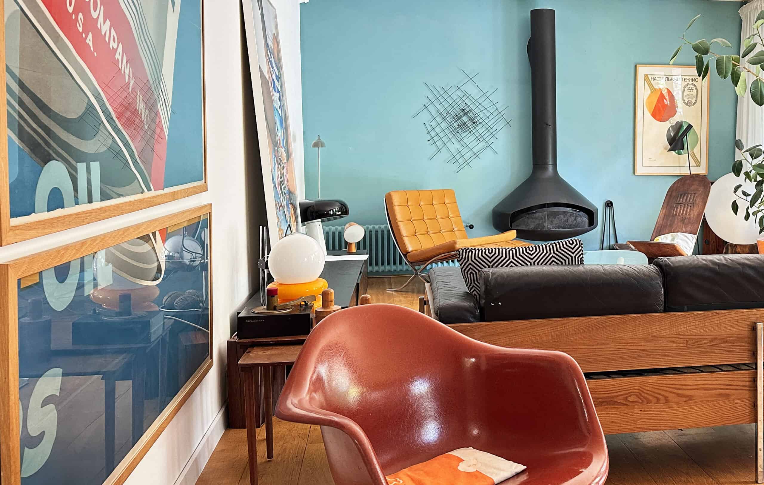 colorful living room with modern fireplace