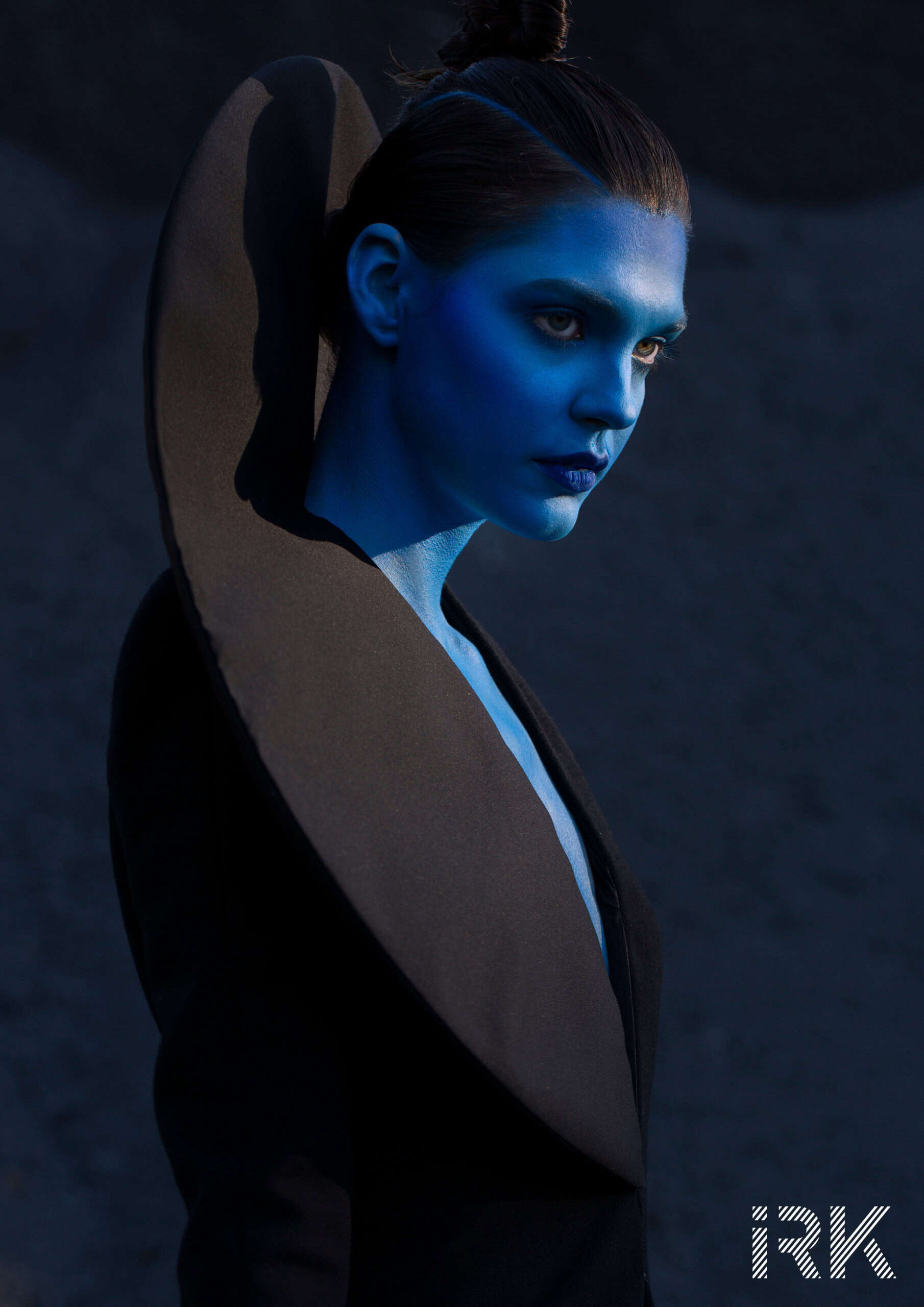 Space Inspired Photo Editorial blue alien full body makeup Tuxedo disc-dress in black caviar-crepe and satin embroidered with crystals, Spring-Summer 2020 Stéphane Rolland