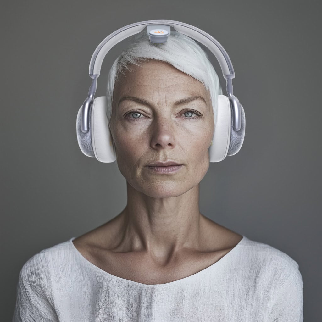 Vital Neuro headphones on beautiful middle aged woman