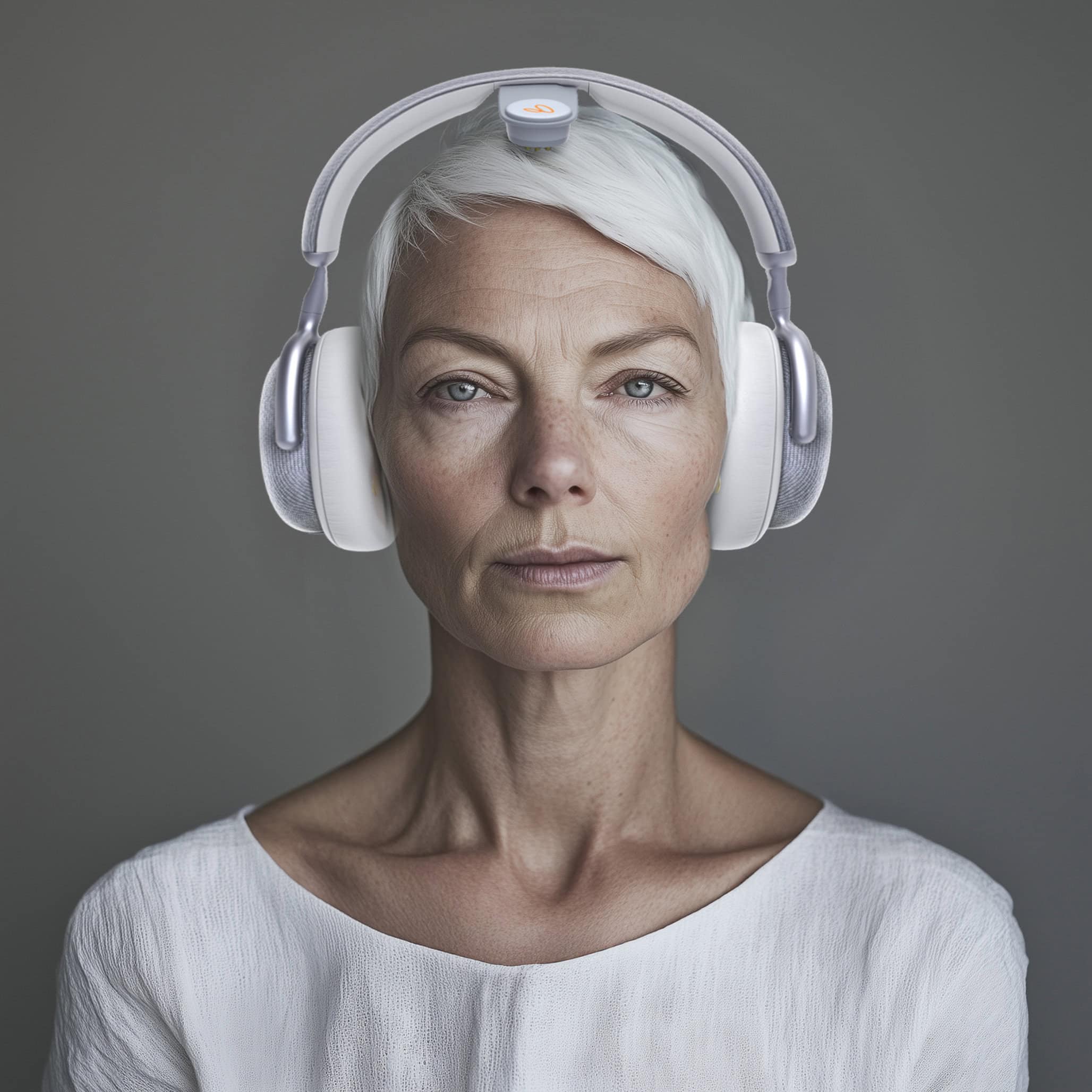 Vital Neuro headphones on beautiful middle aged woman