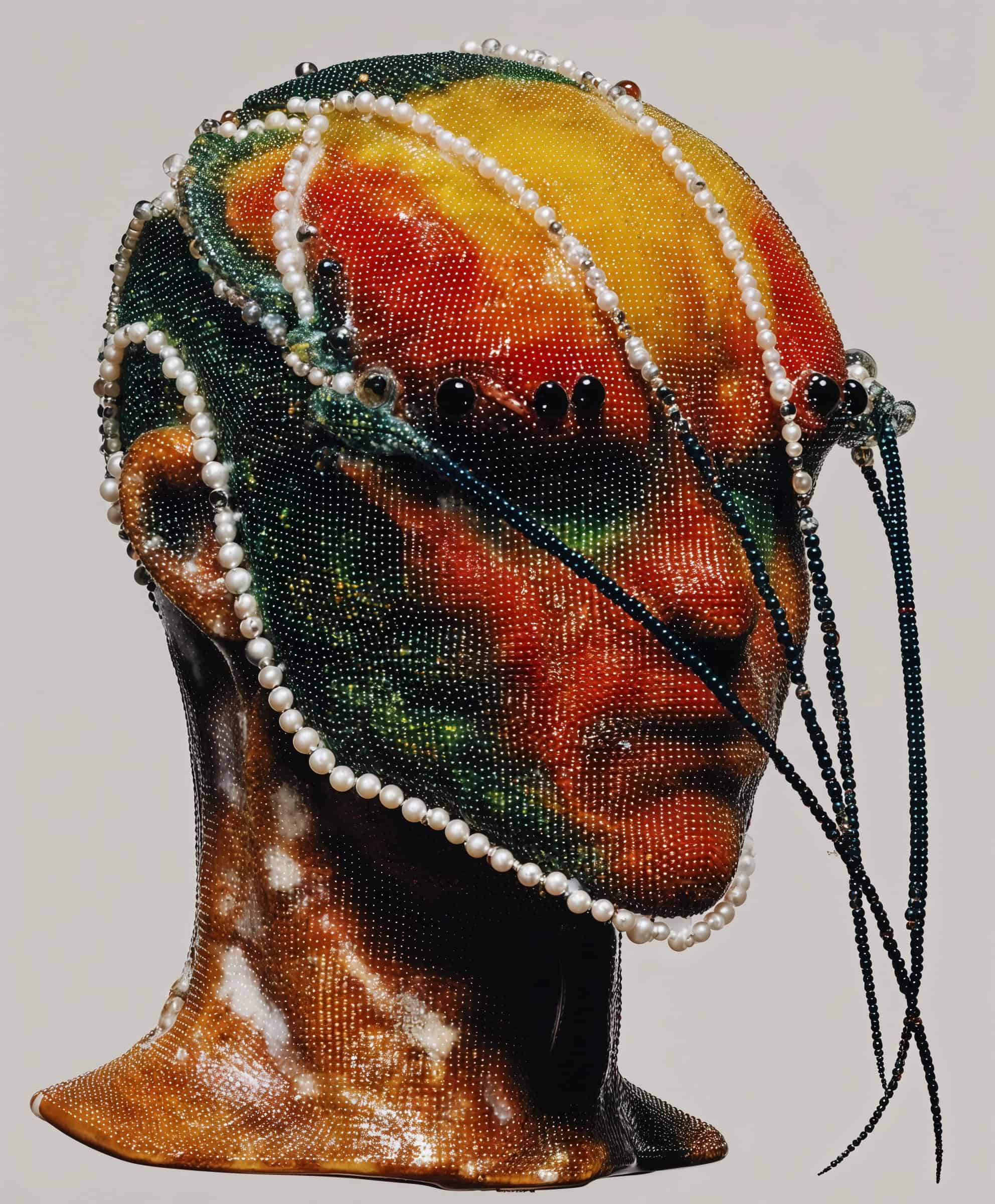 Close-up of a multicolored head sculpture encrusted with pearls and beaded strings