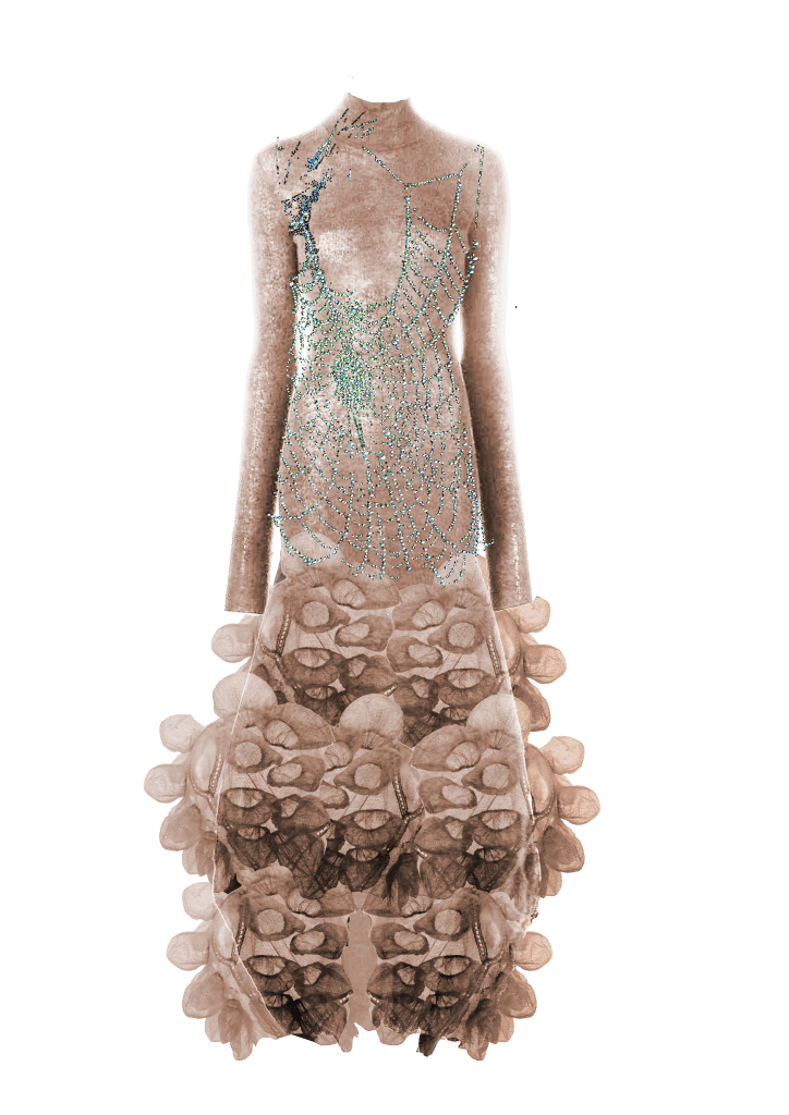 Nude-toned floral dress with three-dimensional appliqués from Anton Femia’s graduate work.