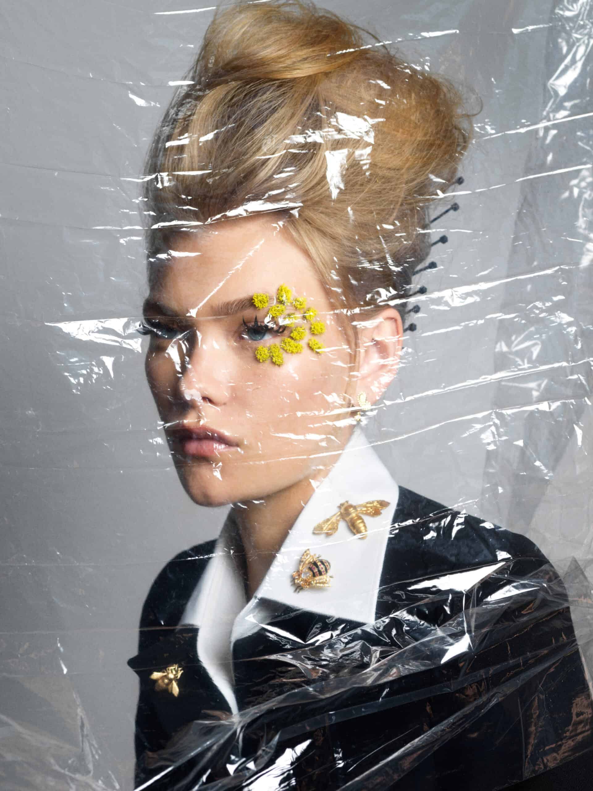 Eco-Conscious Fashion Story behind plastic classy model . GIORGIO ARMANI, fine jewelry, H.STERN + VIVIENNE CHARLES