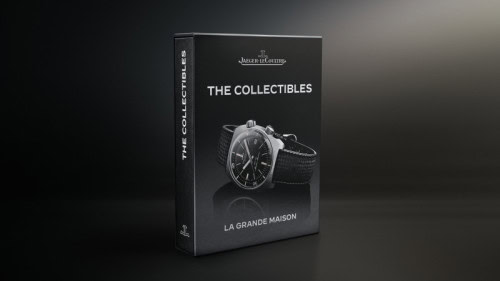 Close-up of a Jaeger-LeCoultre Duoplan watch beside The Collectibles book.