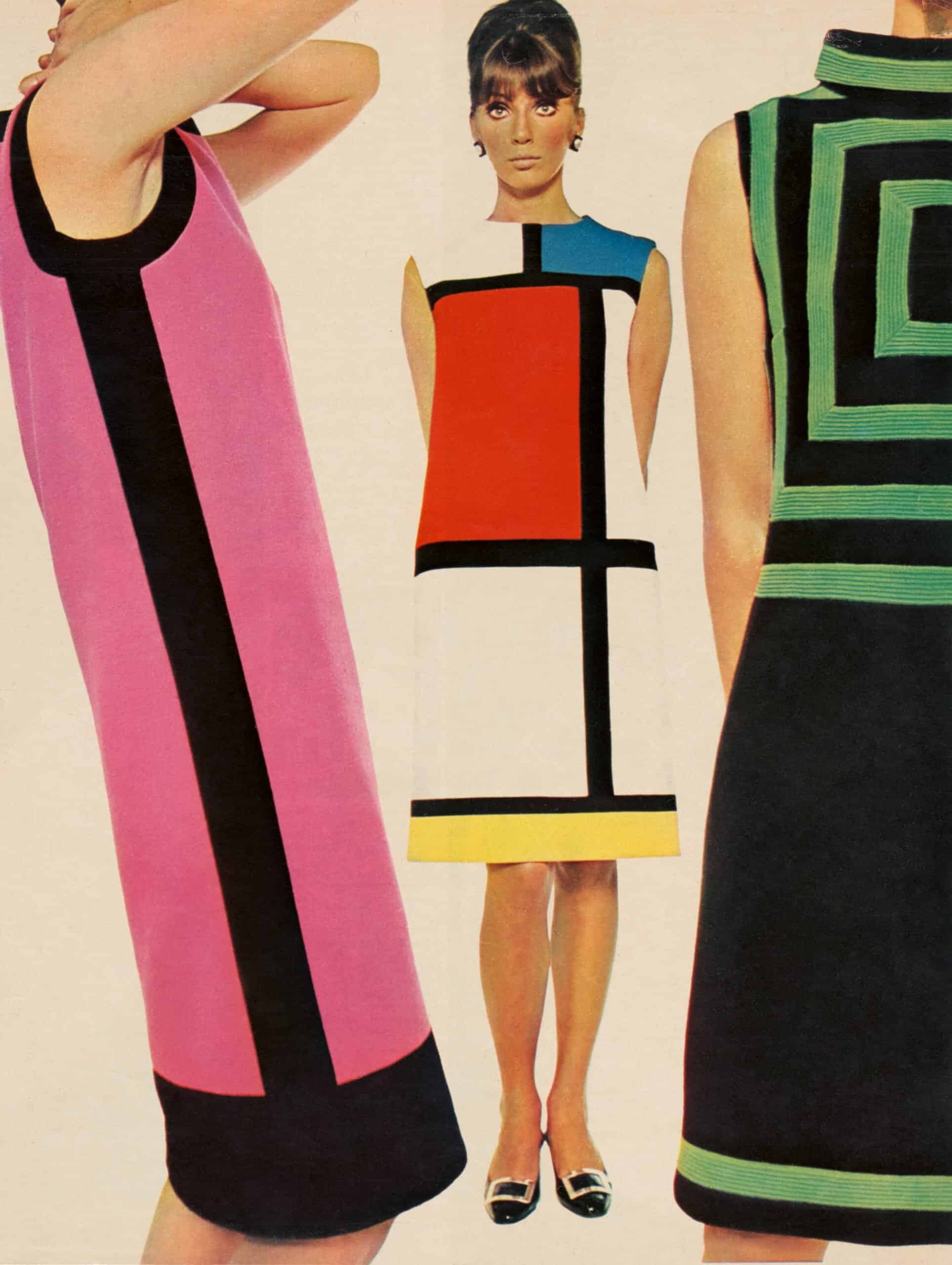 Peter Knapp. ELLE, September 1965.
Cocktail dresses from the fall-winter 1965 haute couture collection known as the “homage to Piet Mondrian.”
Photo credit: © Saint Laurent © Jeanne Lanvin-Castillo © Peter Knapp.